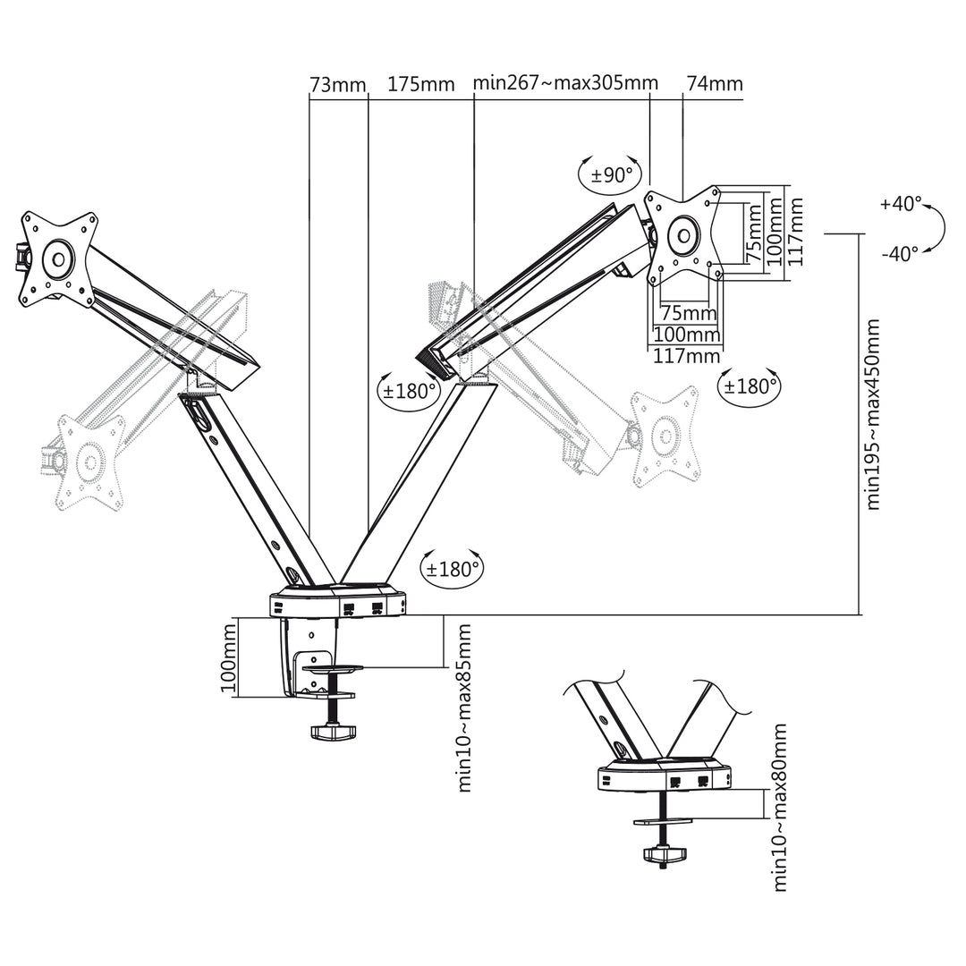 Gelede arm voor 2 gamingschermen 17-32" 2x 8kg LCD NanoRS RS887 17-32" 2x 8kg (max 16kg) vesa 75x75 en 100x100