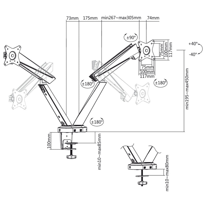 Gelede arm voor 2 gamingschermen 17-32" 2x 8kg LCD NanoRS RS887 17-32" 2x 8kg (max 16kg) vesa 75x75 en 100x100