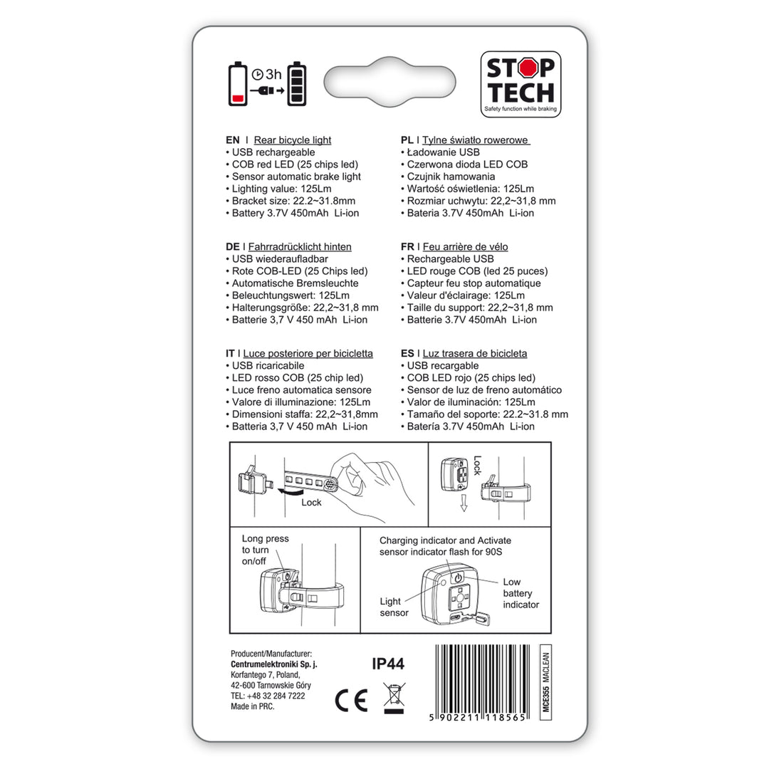 LED fietsachterlicht 3 standen Maclean MCE355 37x37x16mm