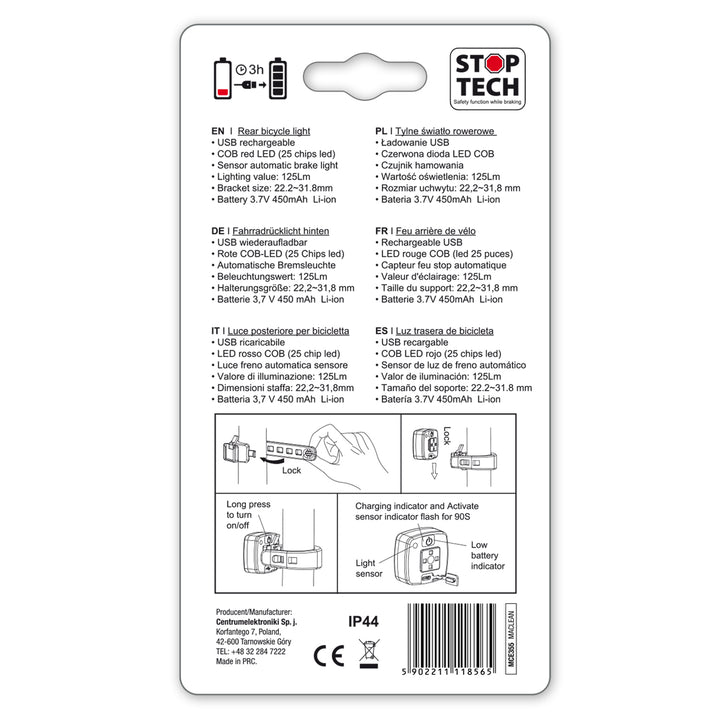 LED fietsachterlicht 3 standen Maclean MCE355 37x37x16mm