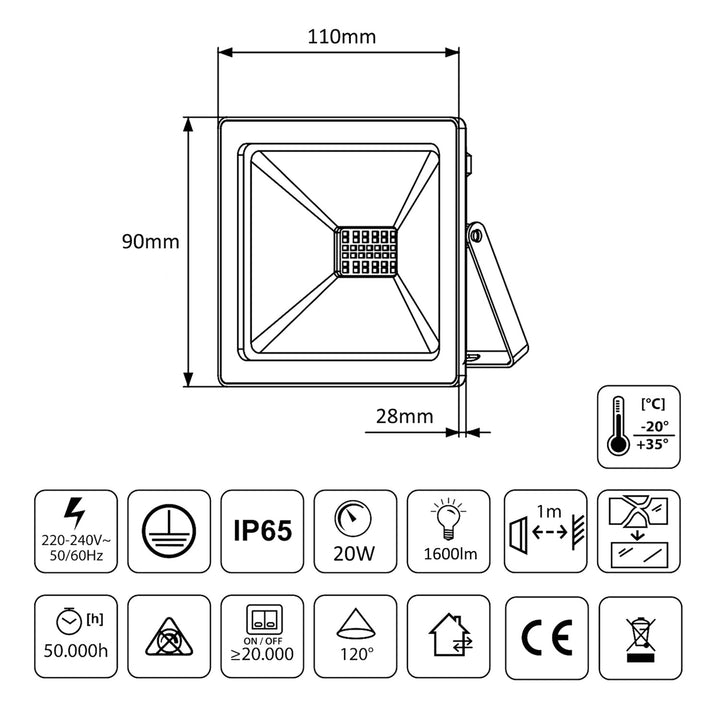 Slanke LED-schijnwerper 20W 1600lm 4000K Maclean Energy MCE520 NW IP65 PREMIUM