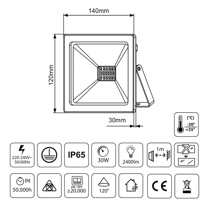 Slanke LED-projector 30W 2400lm 3000K Maclean Energy MCE530 WW IP65 PREMIUM