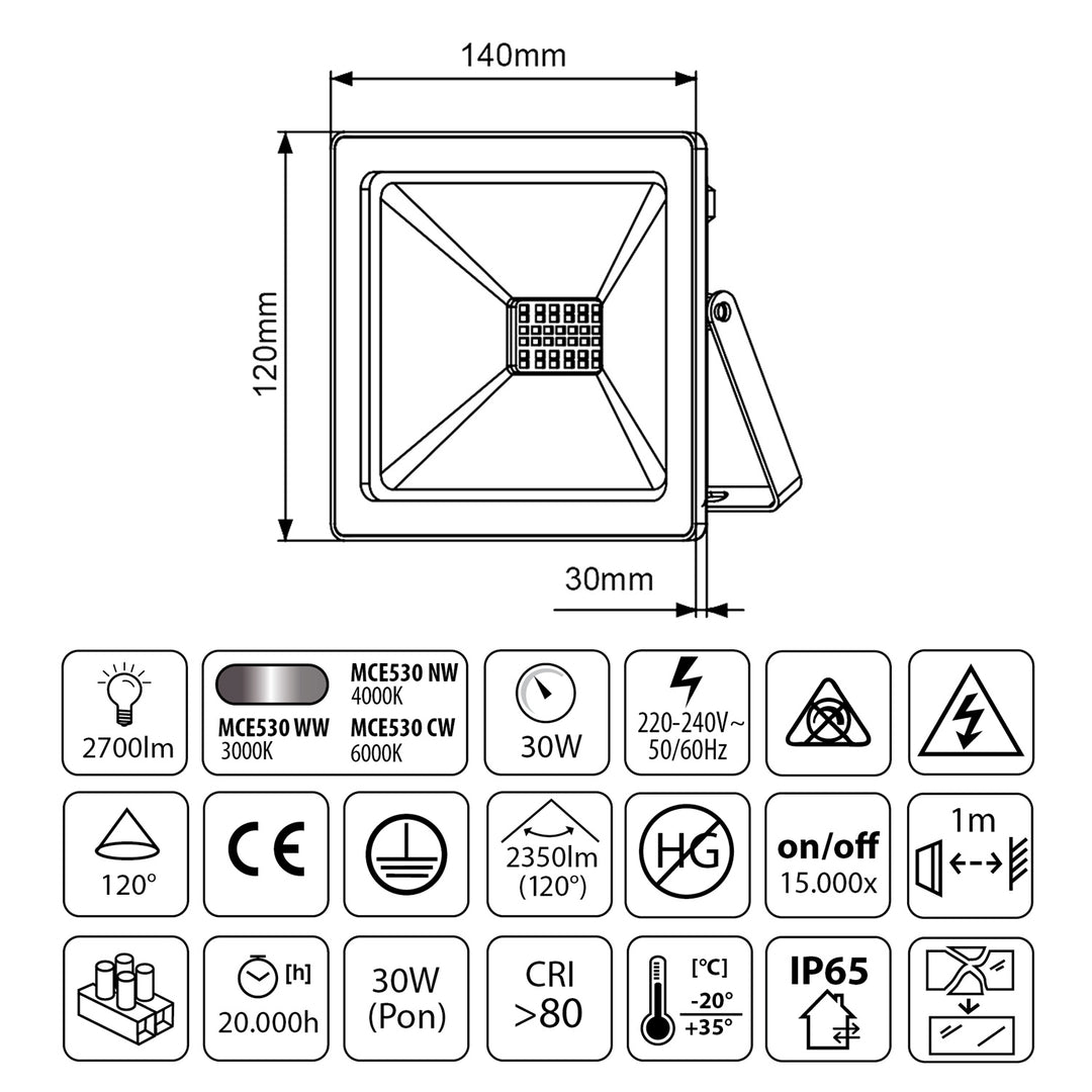 Slanke LED-projector 30W 2400lm 6000k Maclean Energy MCE530 CW IP65 PREMIUM