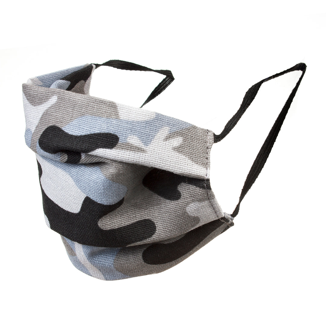 Masque de protection réutilisable avec un élastique en coton - couleur camouflage gris et bleu