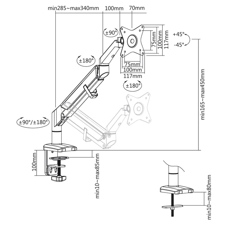 Ergo Bureaubeugel voor grijs scherm, met veer, 17"-32", 9 kg, ER-405G