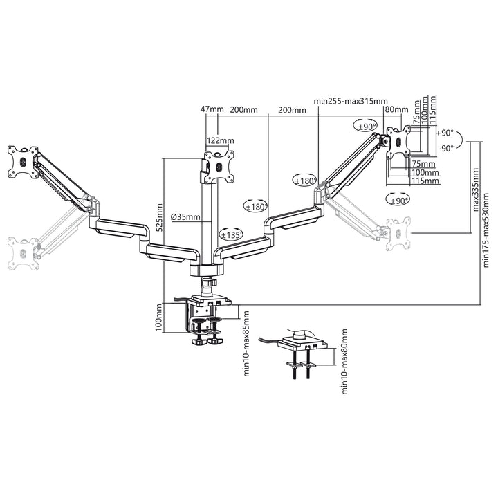 Support d'écran à 3 positions avec ressort à gaz et 1x port USB 3.0 Prise microphone/casque Bras d'écran pour 3 écrans Réglable en hauteur Inclinable Pivotant 13"-32" jusqu'à 7kg VESA 75x75 100x100 (Noir mat)