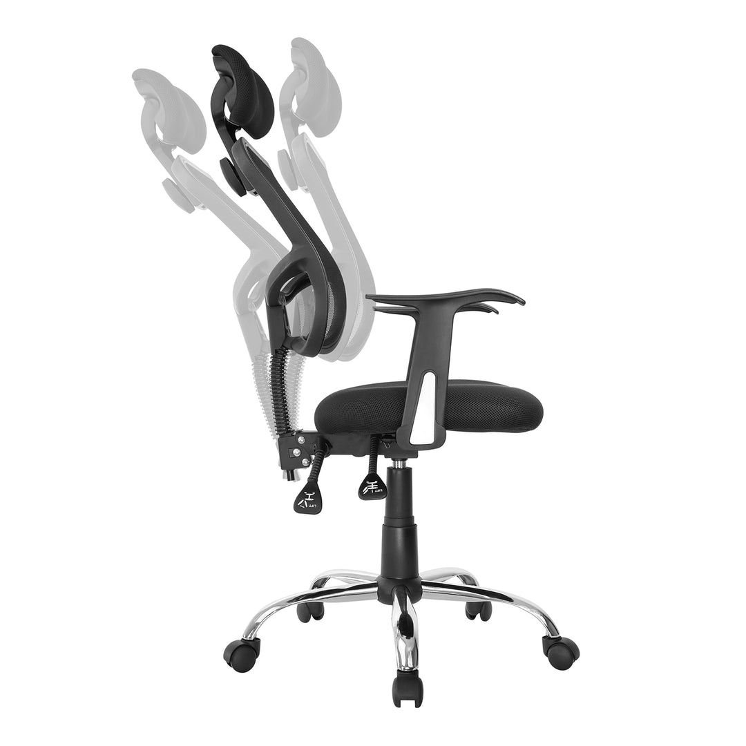 Chaise de bureau noir. Fauteuil de bureau pivotant avec appui-tête et hauteur d'assise réglables. Fabriqué en matériaux durables et résistants. La large base assure une stabilité totale et les accoudoirs garantissent un grand confort d'utilisation.