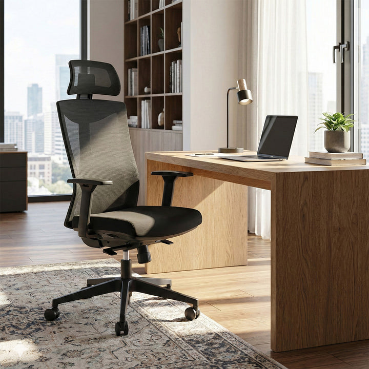 Ergonomische bureaustoel met wielen en lendensteun, draaibare zitting, in hoogte verstelbaar, kantelfunctie rugleuning Bureaustoel, maximale belasting 150 kg