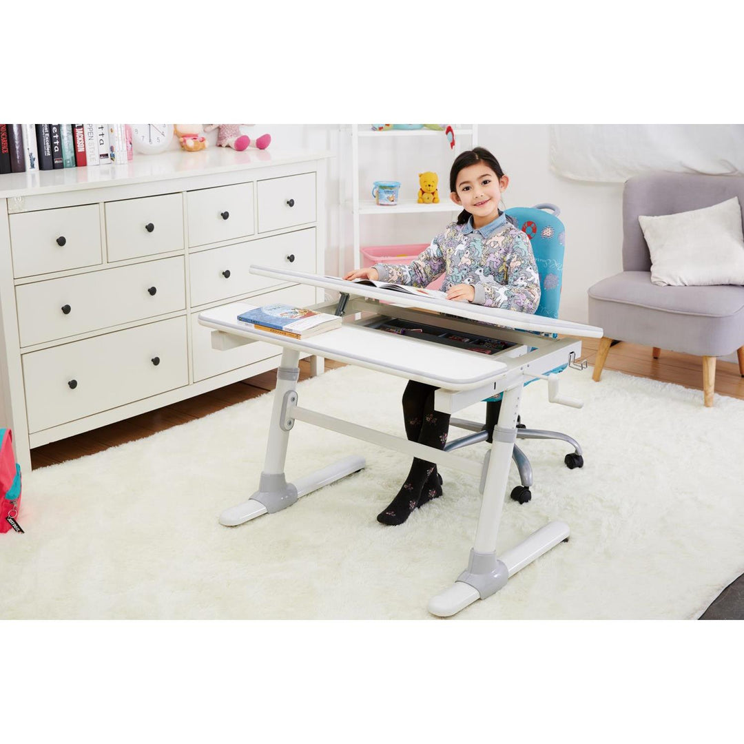 Bureau ergonomique pour enfants avec réglage de la hauteur et de l'inclinaison Table d'école pour enfants jusqu'à 100kg Tiroir Crochets pour sacs