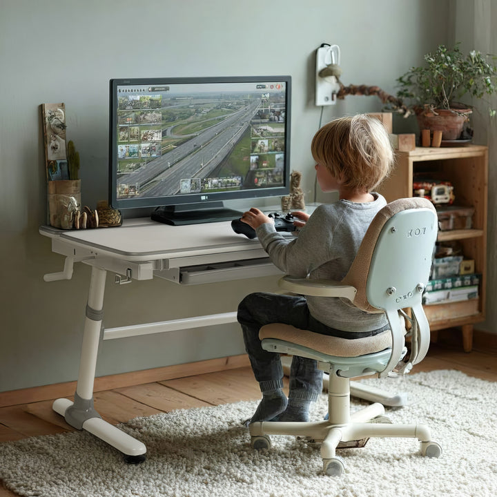 Bureau ergonomique pour enfants avec réglage de la hauteur et de l'inclinaison Table d'école pour enfants jusqu'à 100kg Tiroir Crochets pour sacs