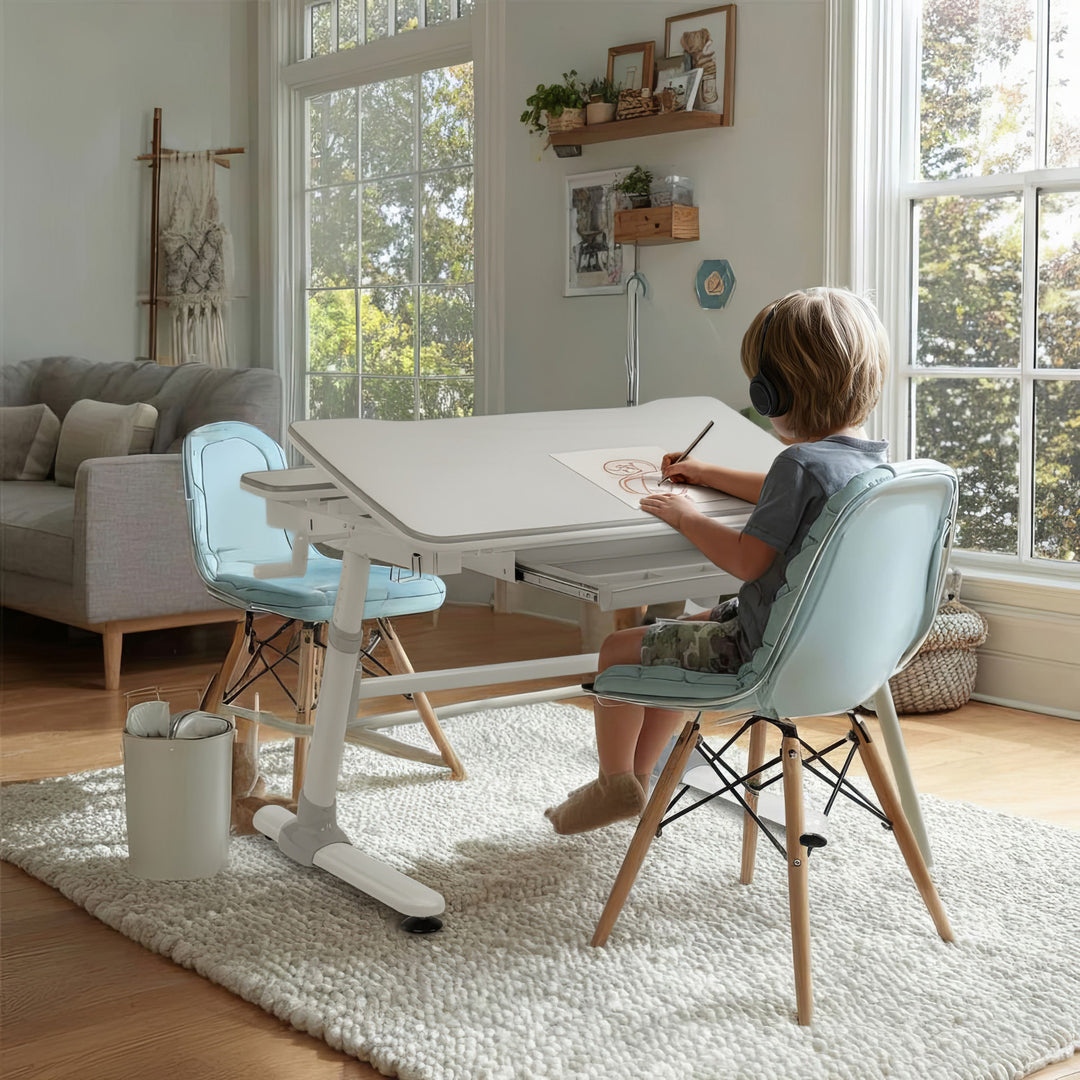 Bureau ergonomique pour enfants avec réglage de la hauteur et de l'inclinaison Table d'école pour enfants jusqu'à 100kg Tiroir Crochets pour sacs
