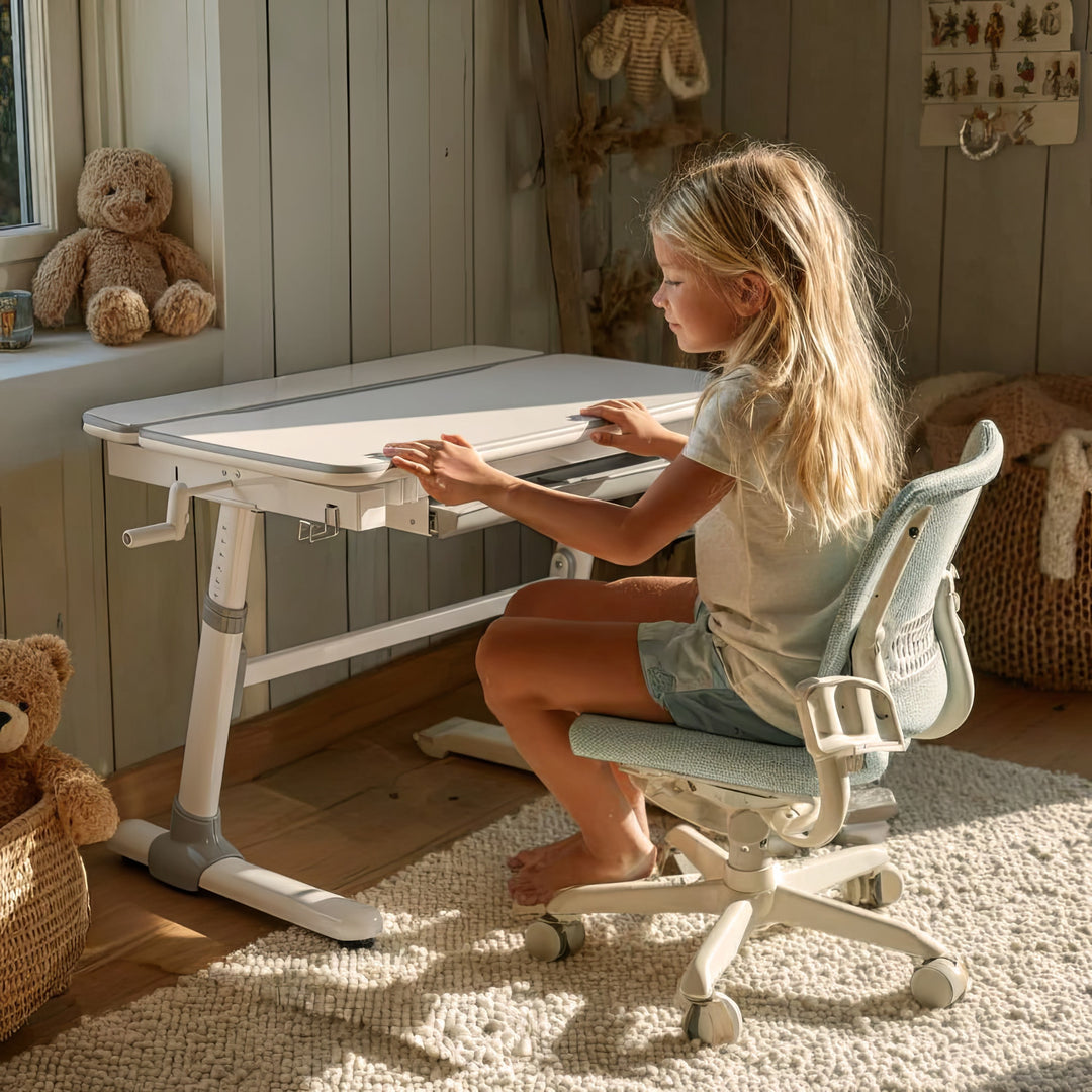 Bureau ergonomique pour enfants avec réglage de la hauteur et de l'inclinaison Table d'école pour enfants jusqu'à 100kg Tiroir Crochets pour sacs