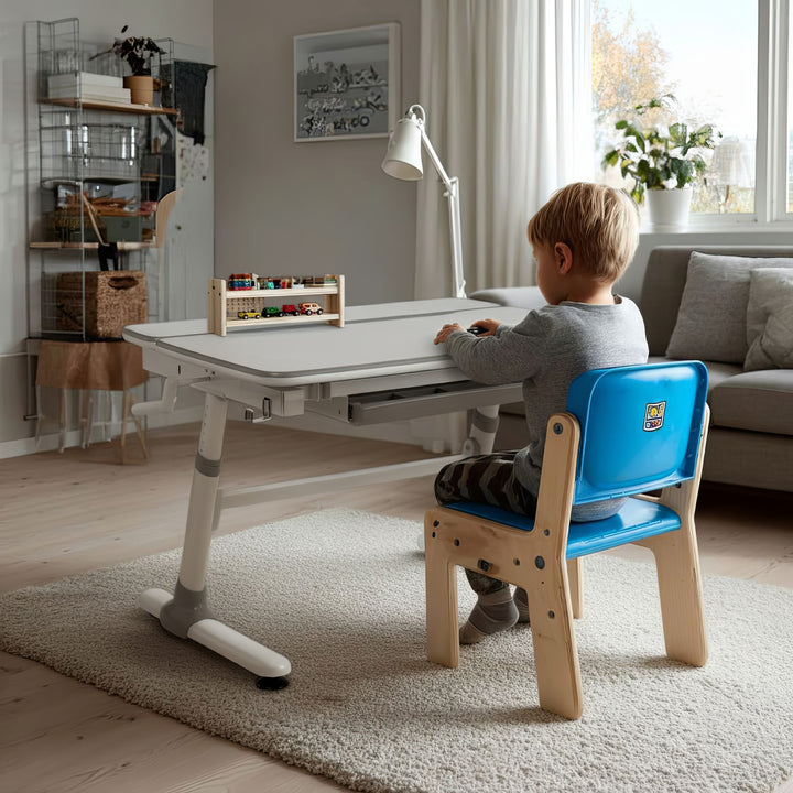 Bureau ergonomique pour enfants avec réglage de la hauteur et de l'inclinaison Table d'école pour enfants jusqu'à 100kg Tiroir Crochets pour sacs