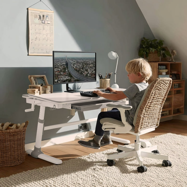 Bureau ergonomique pour enfants avec réglage de la hauteur et de l'inclinaison Table d'école pour enfants jusqu'à 100kg Tiroir Crochets pour sacs