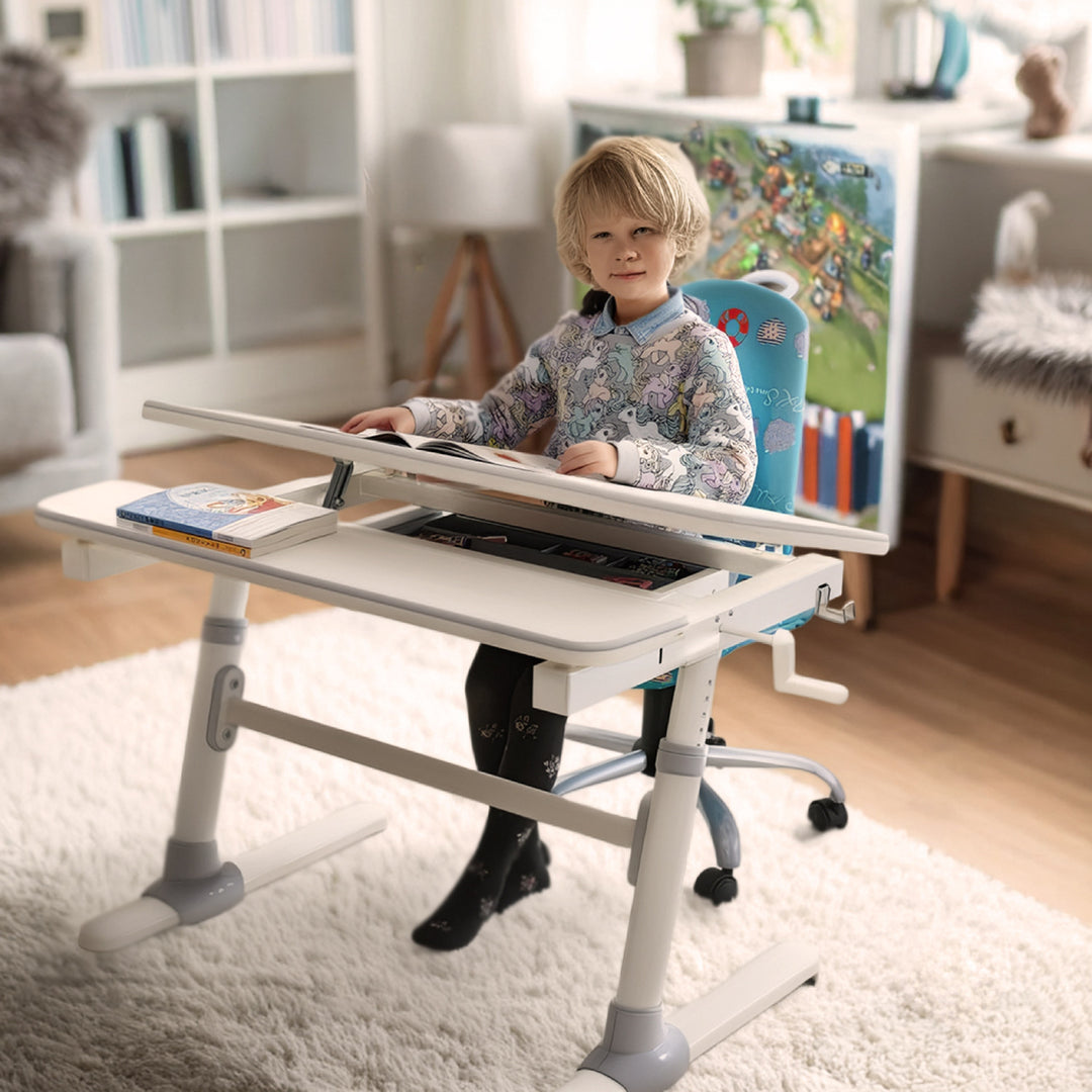 Bureau ergonomique pour enfants avec réglage de la hauteur et de l'inclinaison Table d'école pour enfants jusqu'à 100kg Tiroir Crochets pour sacs