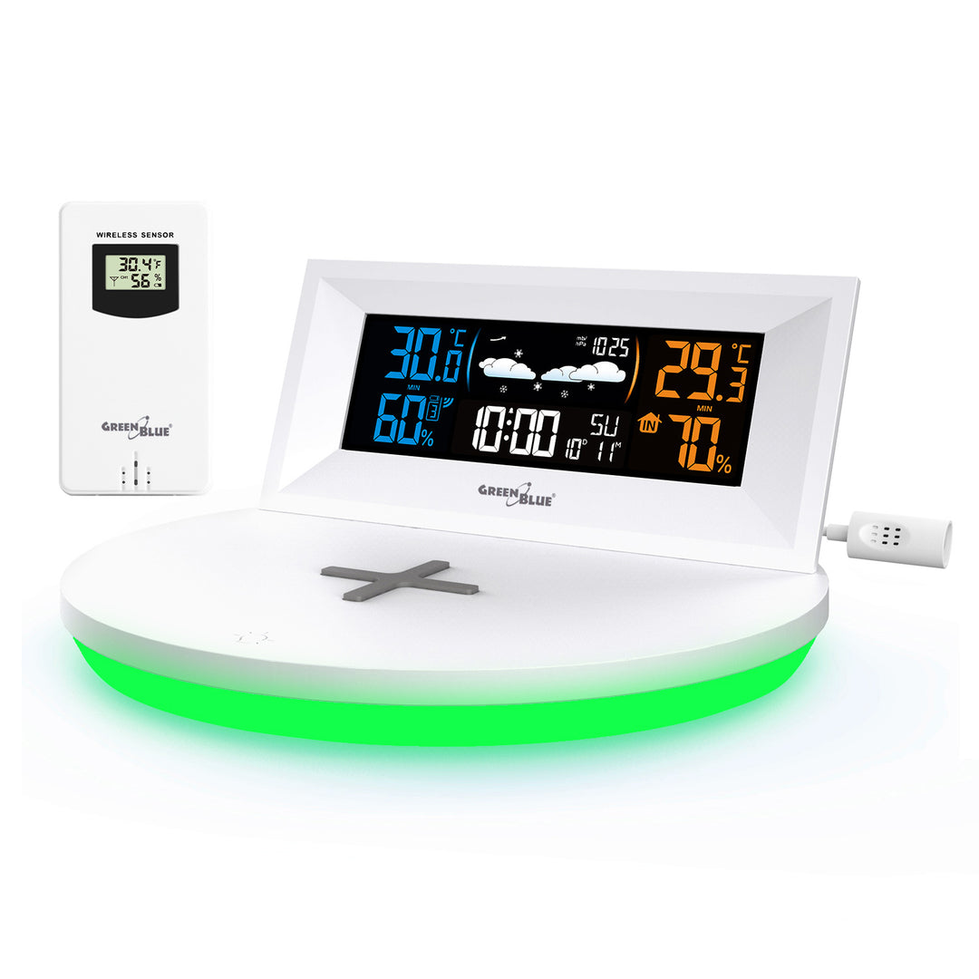 GreenBlue GB213 Station météo sans fil avec chargeur Qi Lumière d'ambiance Base Prévisions météo Calendrier Réveil fonction snooze Capteur externe Intérieur et extérieur Thermomètre Écran couleur