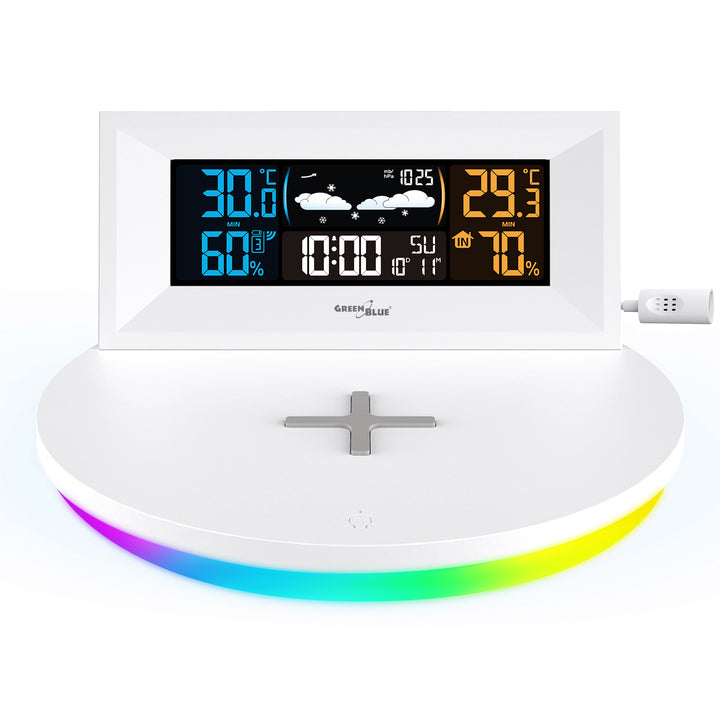 GreenBlue GB213 Draadloos weerstation met Qi-oplader Sfeerlichtbasis Weersverwachting Kalender Wekker Snooze-functie Externe sensor Binnen- en buitenthermometer Kleurendisplay