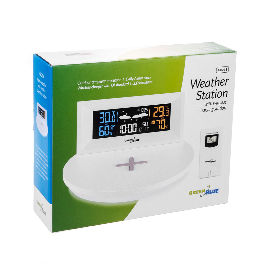 GreenBlue GB213 Draadloos weerstation met Qi-oplader Sfeerlichtbasis Weersverwachting Kalender Wekker Snooze-functie Externe sensor Binnen- en buitenthermometer Kleurendisplay