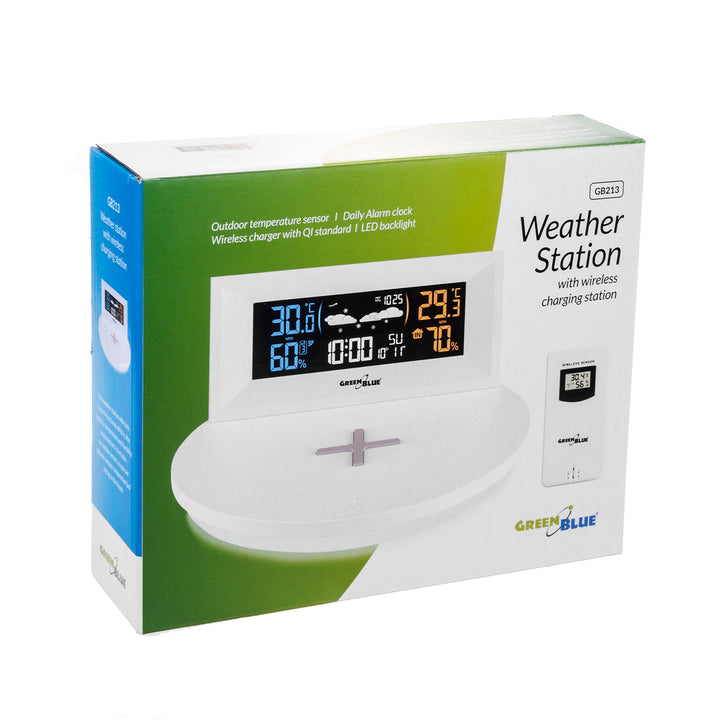 GreenBlue GB213 Draadloos weerstation met Qi-oplader Sfeerlichtbasis Weersverwachting Kalender Wekker Snooze-functie Externe sensor Binnen- en buitenthermometer Kleurendisplay