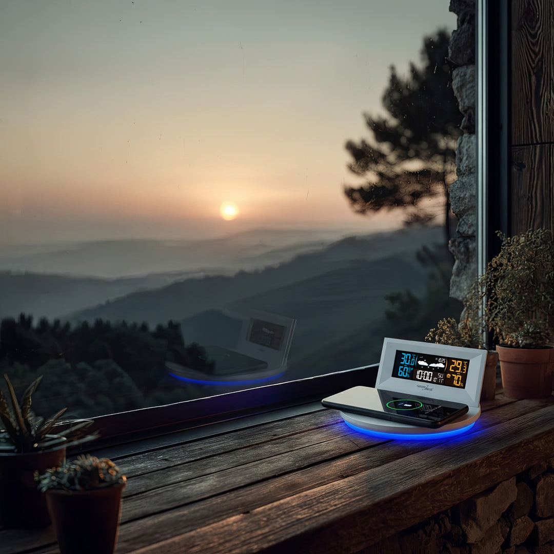 GreenBlue GB213 Station météo sans fil avec chargeur Qi Lumière d'ambiance Base Prévisions météo Calendrier Réveil fonction snooze Capteur externe Intérieur et extérieur Thermomètre Écran couleur