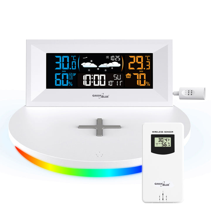 GreenBlue GB213 Station météo sans fil avec chargeur Qi Lumière d'ambiance Base Prévisions météo Calendrier Réveil fonction snooze Capteur externe Intérieur et extérieur Thermomètre Écran couleur