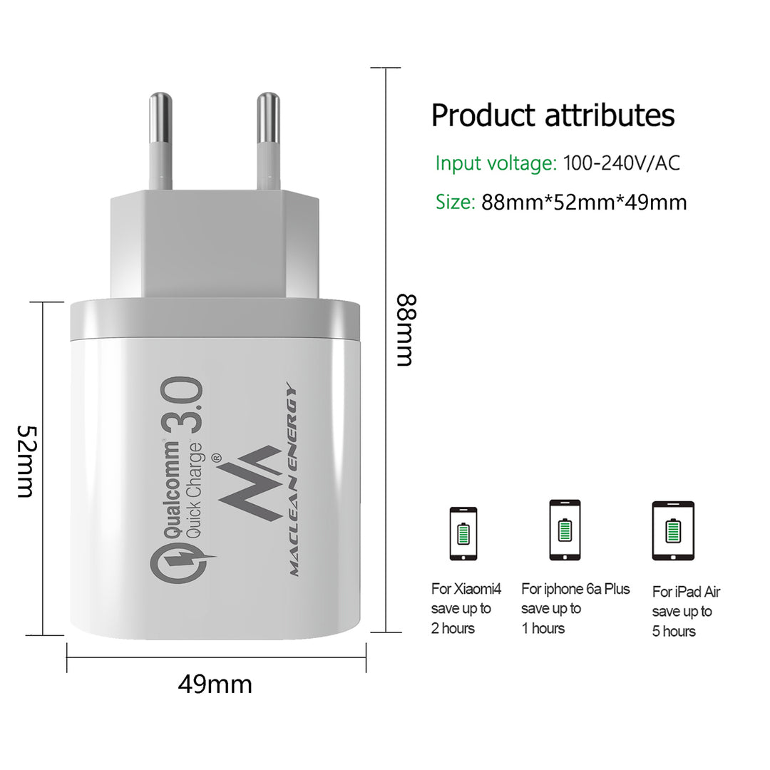 Universele USB netlader QC 3.0 3xUSB Maclean MCE479 wit