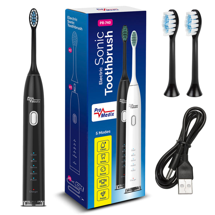 Promedix PR-740 B Sonic elektrische tandenborstel reisetui 5 reinigingsmodi 2 opzetborstels 2 minuten timer IPX7 waterdicht USB opladen zwart