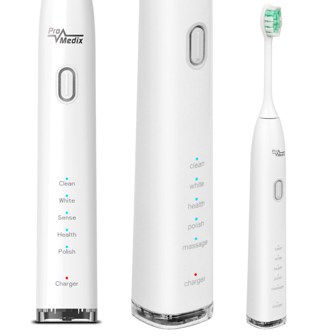 Promedix PR-740 W Brosse à dents électrique sonique avec étui de voyage 5 modes de nettoyage  2 têtes de brosse minuterie de 2 minutes IPX7 charge USB étanche Blanc