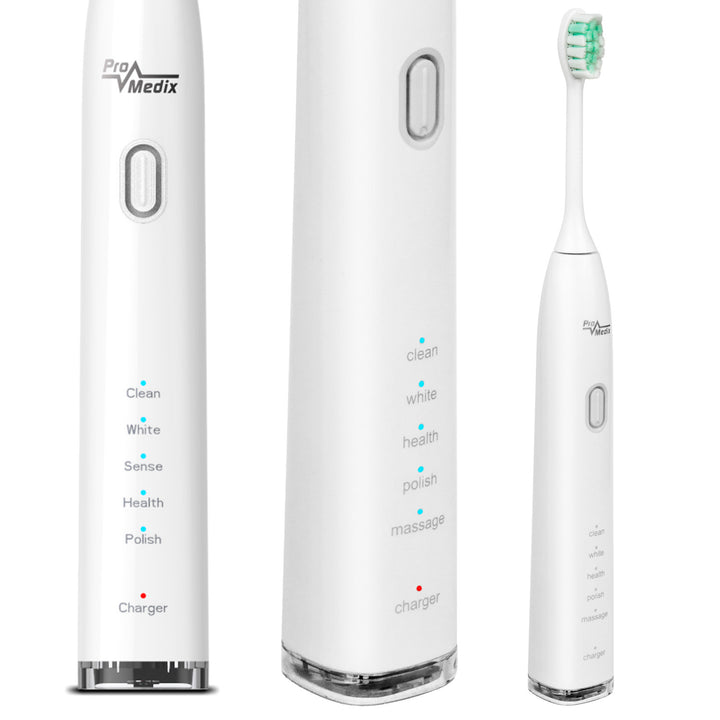 Promedix PR-740 W Brosse à dents électrique sonique avec étui de voyage 5 modes de nettoyage  2 têtes de brosse minuterie de 2 minutes IPX7 charge USB étanche Blanc