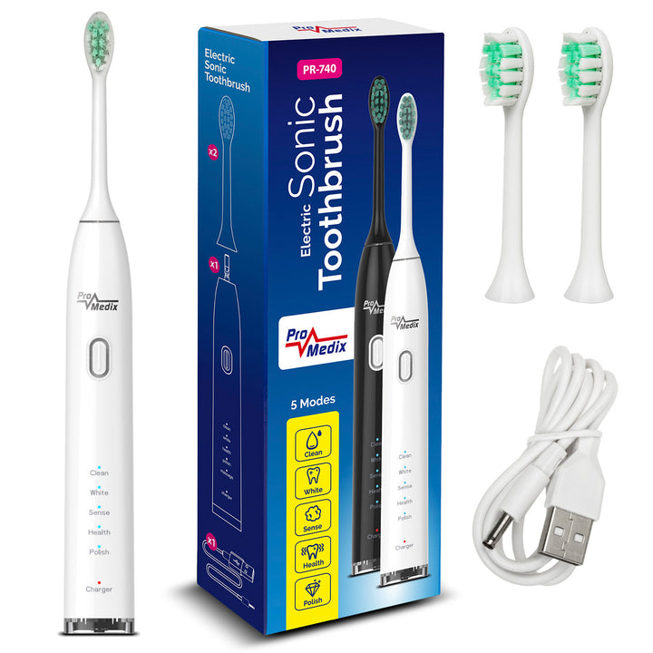 Promedix PR-740 W Brosse à dents électrique sonique avec étui de voyage 5 modes de nettoyage  2 têtes de brosse minuterie de 2 minutes IPX7 charge USB étanche Blanc