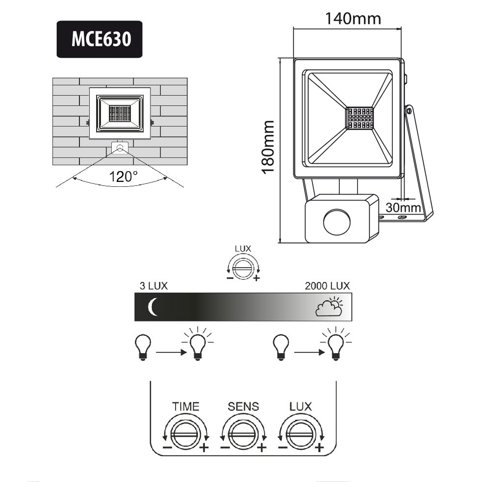 LED schijnwerper met bewegingsmelder Maclean slim 30W 2400lm kleur koel wit (6000K) IP44 MCE630 CW PIR