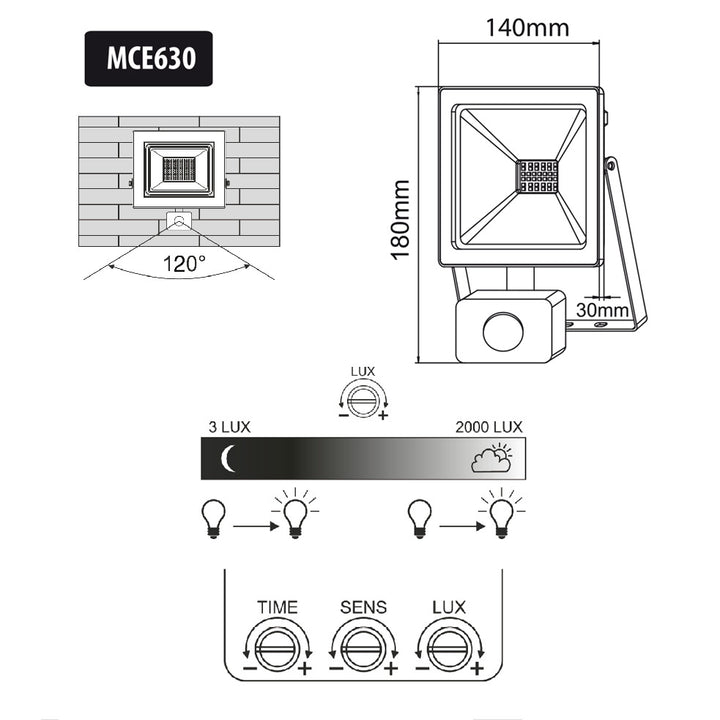 LED schijnwerper met bewegingsmelder Maclean slim 30W 2400lm kleur koel wit (6000K) IP44 MCE630 CW PIR