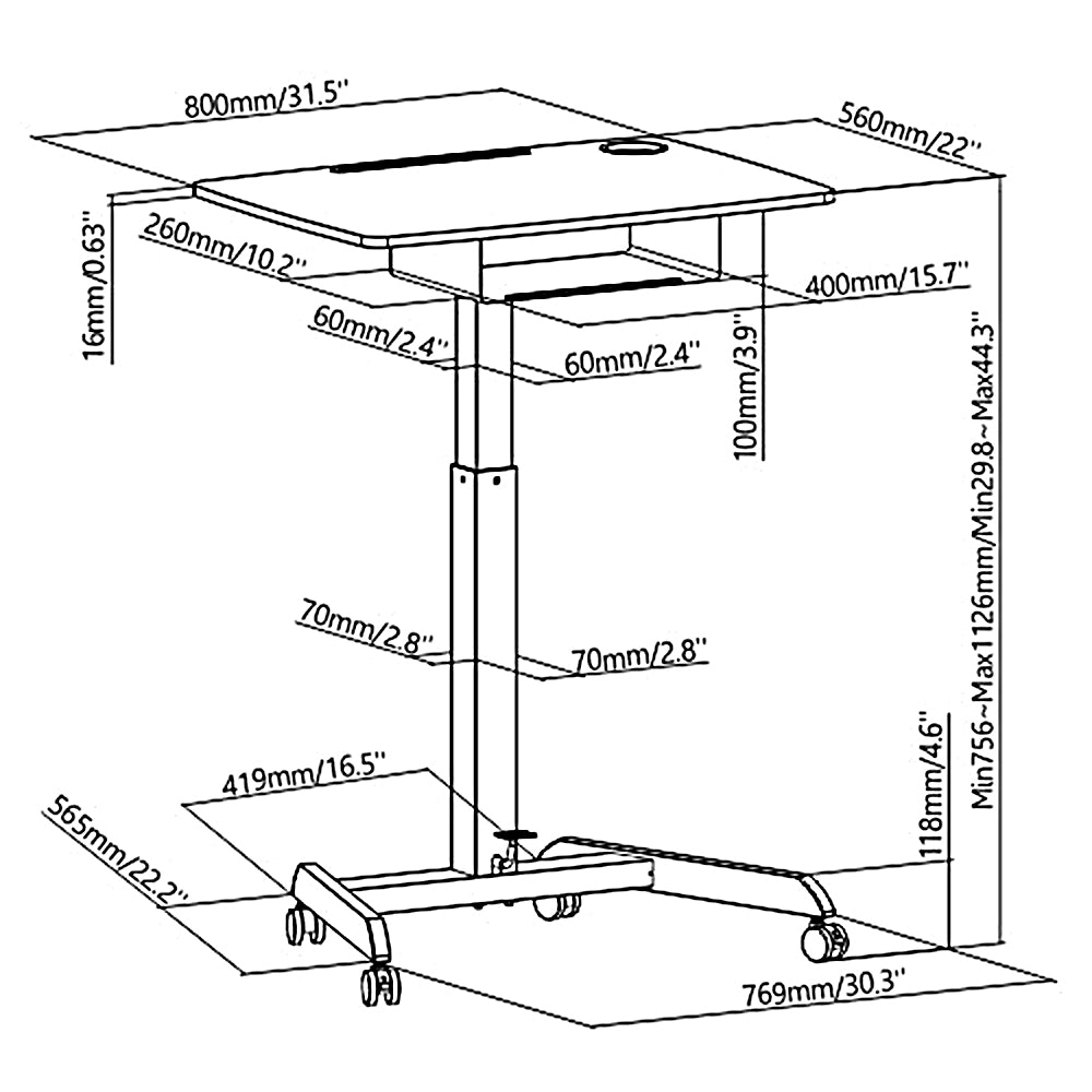 In hoogte verstelbare laptoptafel met zwenkwielen en één lade Zit-sta bureau In hoogte verstelbaar tot maximaal 113 cm. 8 kg (zwart)