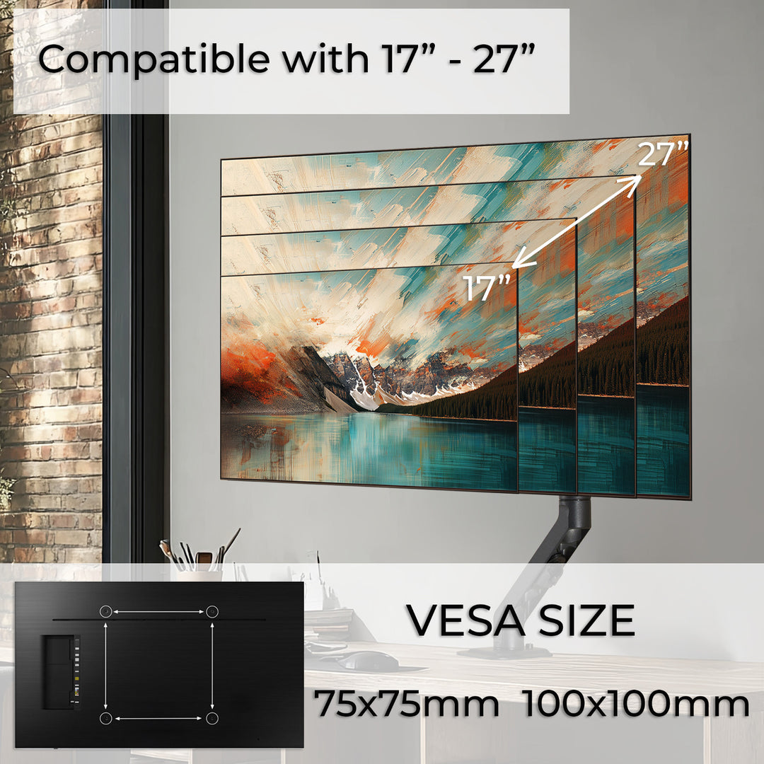 Maclean Universele Monitor Bureaubeugel, Gasveer 17"-27" 7kg, VESA 75x75,100x100, MC-906 Monitor Draaibaar Draaibaar Tilt Draaibaar VESA 75x75 100x100 tot 12kg