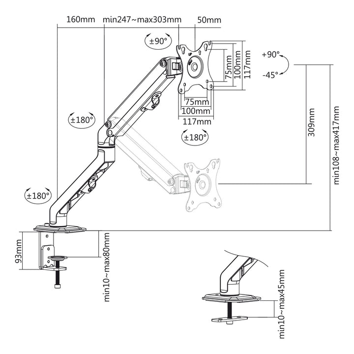 Maclean Universele Monitor Bureaubeugel, Gasveer 17"-27" 7kg, VESA 75x75,100x100, MC-906 Monitor Draaibaar Draaibaar Tilt Draaibaar VESA 75x75 100x100 tot 12kg