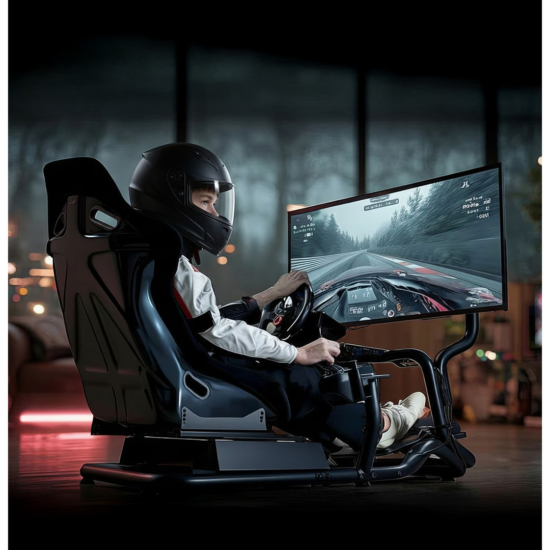 Simulateur de course Cockpit 3 en 1 Siège de jeu jusqu'à 130kg Support de levier de vitesse Support de volant Support TV jusqu'à 50" Max. Vesa 400x200 ...