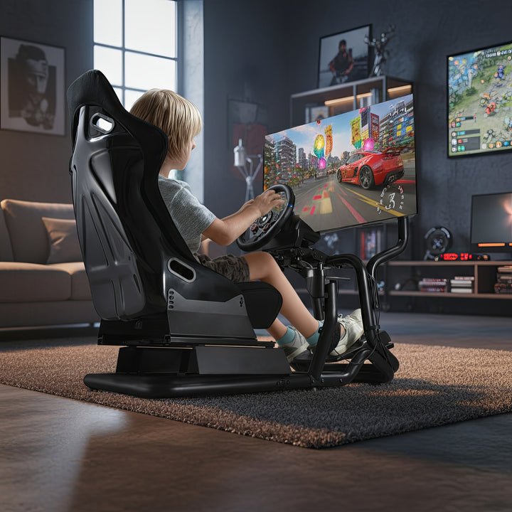 Simulateur de course Cockpit 3 en 1 Siège de jeu jusqu'à 130kg Support de levier de vitesse Support de volant Support TV jusqu'à 50" Max. Vesa 400x200 ...