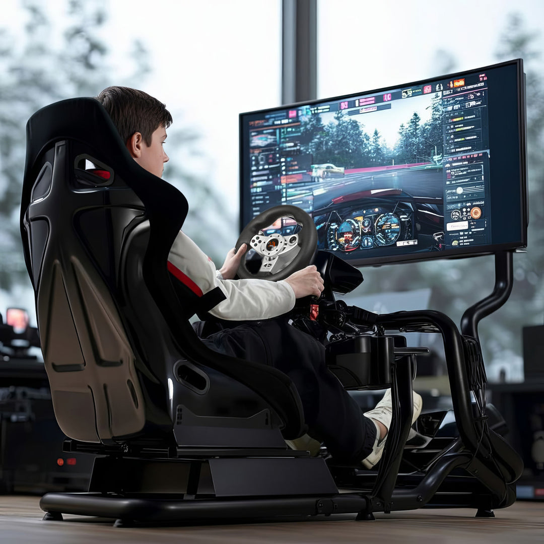 Simulateur de course Cockpit 3 en 1 Siège de jeu jusqu'à 130kg Support de levier de vitesse Support de volant Support TV jusqu'à 50" Max. Vesa 400x200 ...
