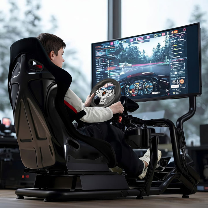 Simulateur de course Cockpit 3 en 1 Siège de jeu jusqu'à 130kg Support de levier de vitesse Support de volant Support TV jusqu'à 50" Max. Vesa 400x200 ...