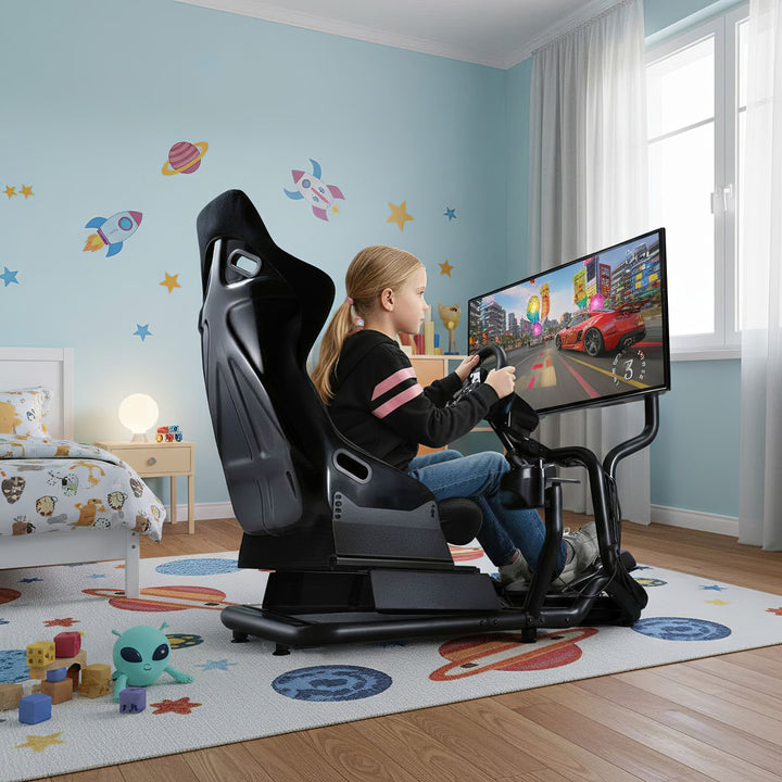 Simulateur de course Cockpit 3 en 1 Siège de jeu jusqu'à 130kg Support de levier de vitesse Support de volant Support TV jusqu'à 50" Max. Vesa 400x200 ...