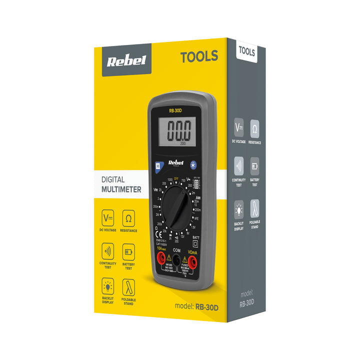 Le compteur universel Rebel Tools RB-30D comprend des cordons de test