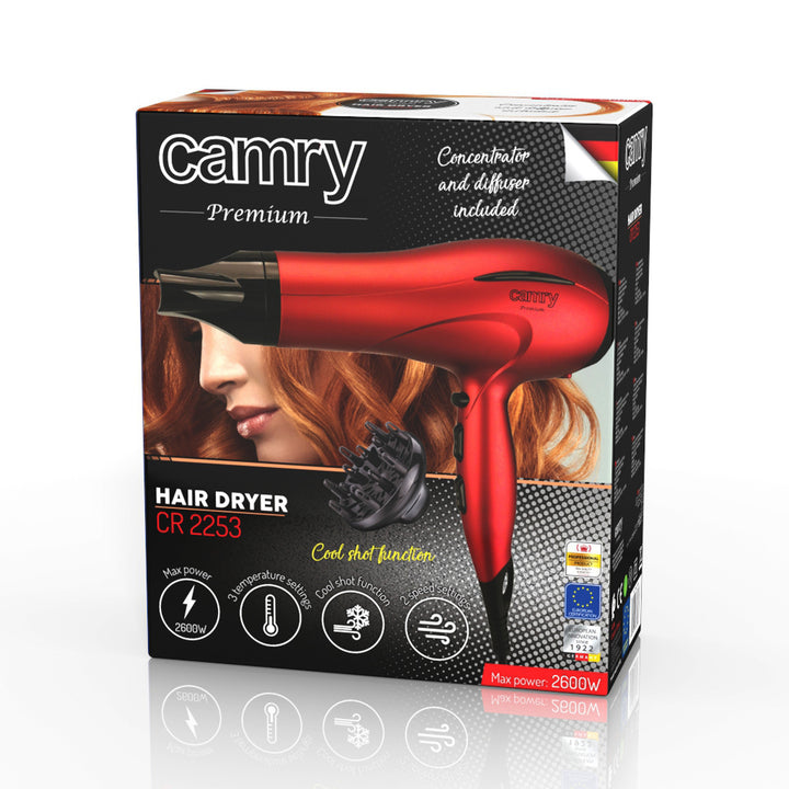 Sèche-cheveux Camry, 2 niveaux de puissance, 3 niveaux de température, 2400W, rouge, CR 2253