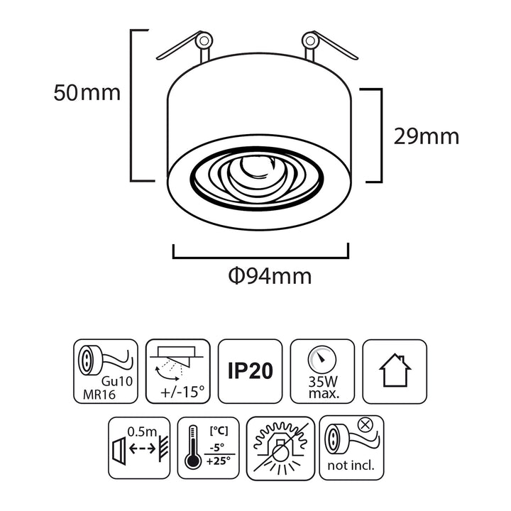 Maclean MCE462 B  Plafonnier spot pour sources lumineuses MR16/GU10 noir 94x32mm rond aluminium