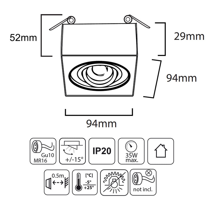 Maclean MCE464 W Spot plafondlamp voor MR16/GU10 lichtbronnen wit 94x94x32 mm vierkant aluminium