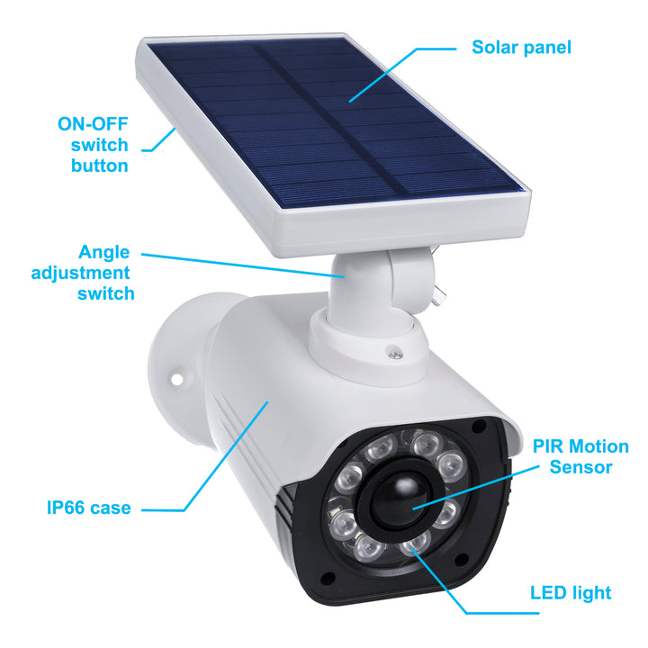 Dummycamera op zonne-energie, knipperende LED, bewegingsmelder, LED-verlichting, gratis sticker, SOL1800S