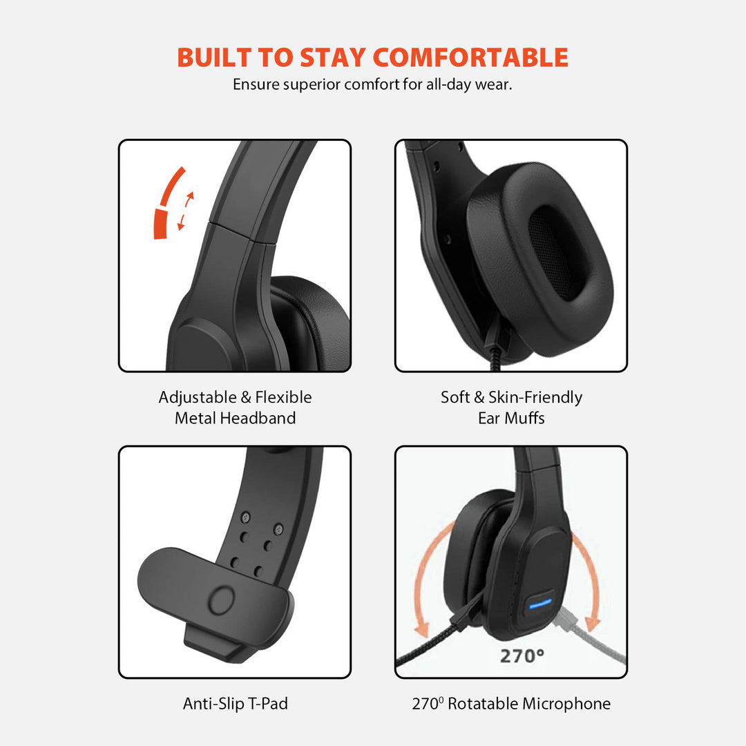 Audiocore AC864 Bluetooth-headset met ruisonderdrukkende microfoon voor callcenter On-ear-headset 32 ​​uur draadloos handsfree praten Compatibel met Google Assistant en Siri