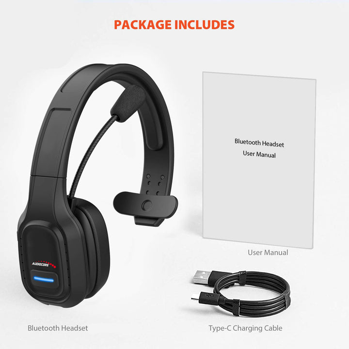 Audiocore AC864 Bluetooth-headset met ruisonderdrukkende microfoon voor callcenter On-ear-headset 32 ​​uur draadloos handsfree praten Compatibel met Google Assistant en Siri