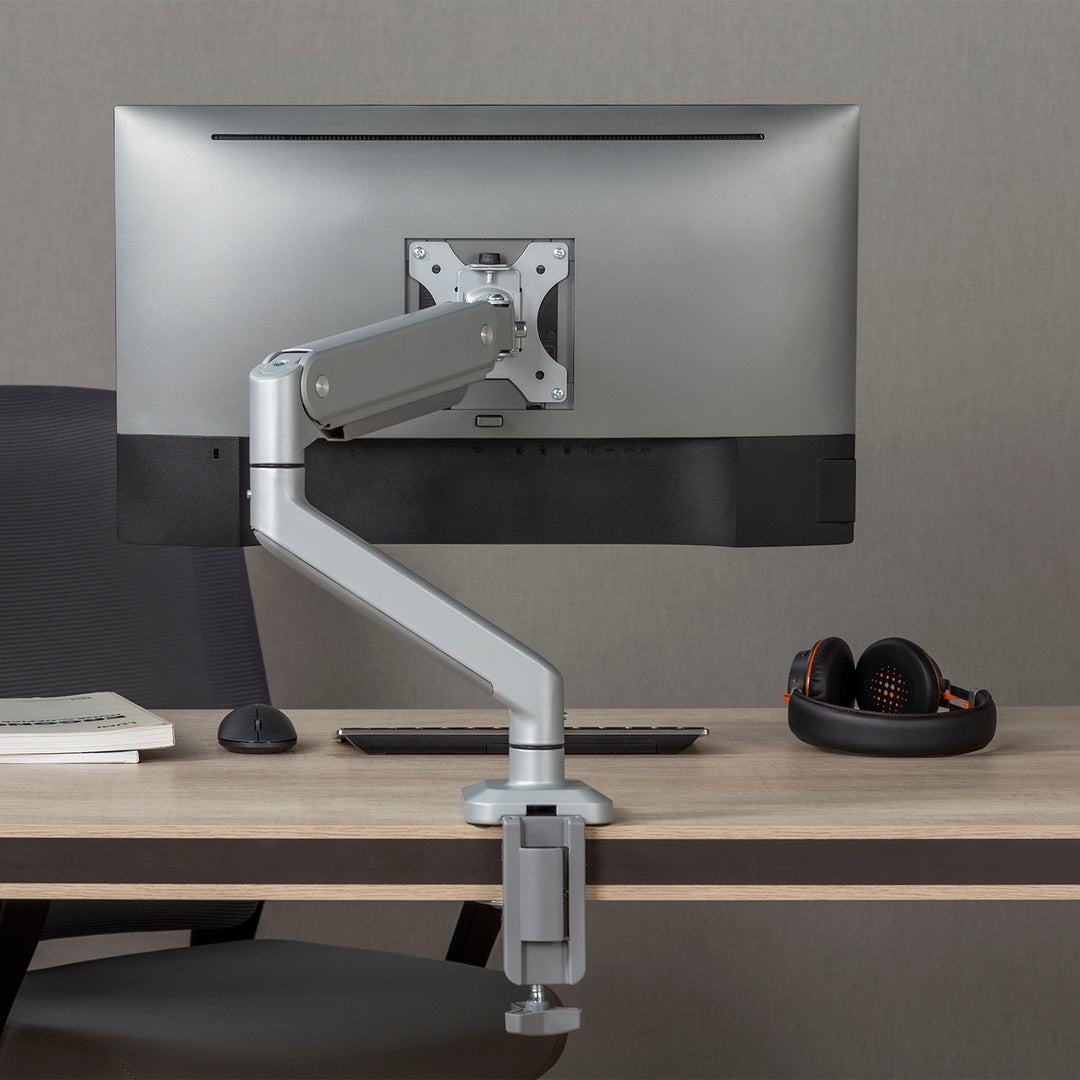 Ergo Office aluminium monitorbeugel met gasveer, dubbele arm, vesa 75x75/100x100, 17"-32" 10 kg, zilver, ER-447