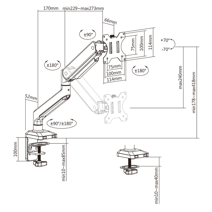 Ergo Office aluminium monitorbeugel met gasveer, dubbele arm, vesa 75x75/100x100, 17"-32" 10 kg, zilver, ER-447