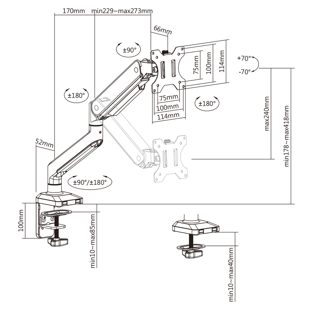 Universele bureaubeugel voor Ergo Office scherm, gasveer 17"-35" 15kg, VESA 75x75 / 100x100, ER-445